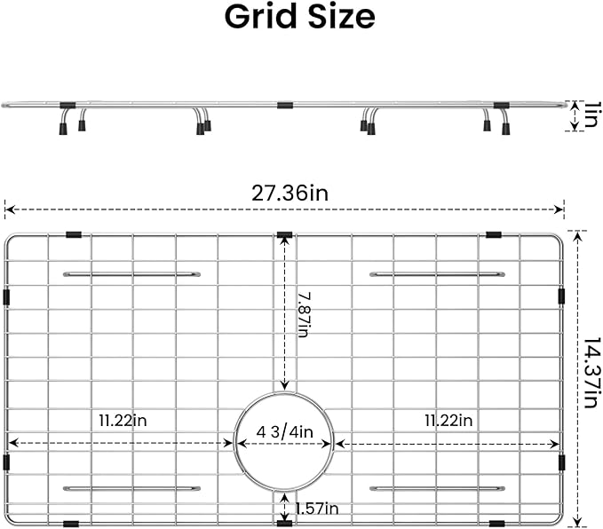 27-9/16" x 14-9/16" Sink Protector, Rear Drain with Corner Radius 3/16", Sink Grid - Rear Drain for Single Bowl Kitchen Sinks