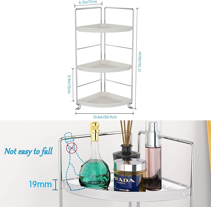 3-Tier Corner Bathroom Counter Shelf Stackable Perfume Storage Holder Makeup Countertop Organizer Standing Vanity Tray Kitchen Spice Rack,White and Silver