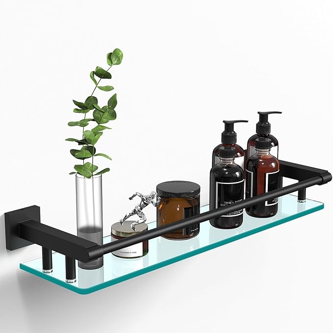 SFGSOWOR Bathroom Glass Shelf 20IN Rectangular Stainless Steel Tempered Glass Shelves Modern Stainless Steel Wall Mount Bathroom Shelf (Matte Black, 20‘’)