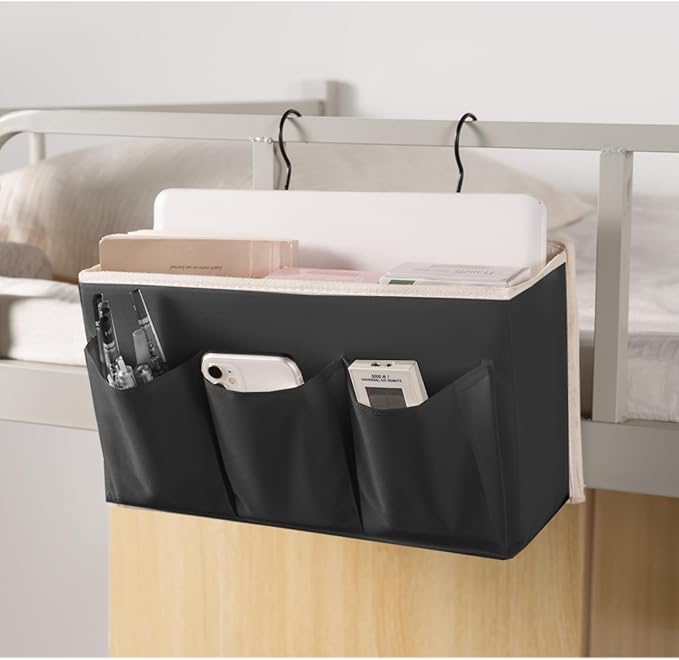 Bedside Caddy/Bedside Storage Organizer Hanging Bag with Three Options,Suitable for home beds, sofas, and dormitory beds—can hold magazines, books, phones, iPads, remote controls. (Black)