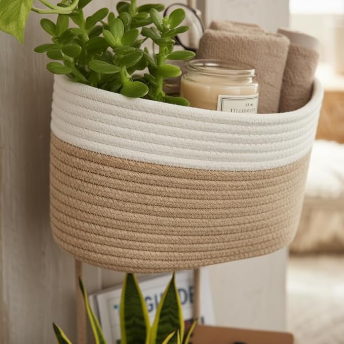 Britwicfr Hanging Wall Basket, Over the Door Hanging Basket with Hooks, 3-Tier Cotton Hanging Basket for Organizing, Decorative Boho Chic Decor for Wall, Bedroom, Living Room, Nursery, Whte & Jute