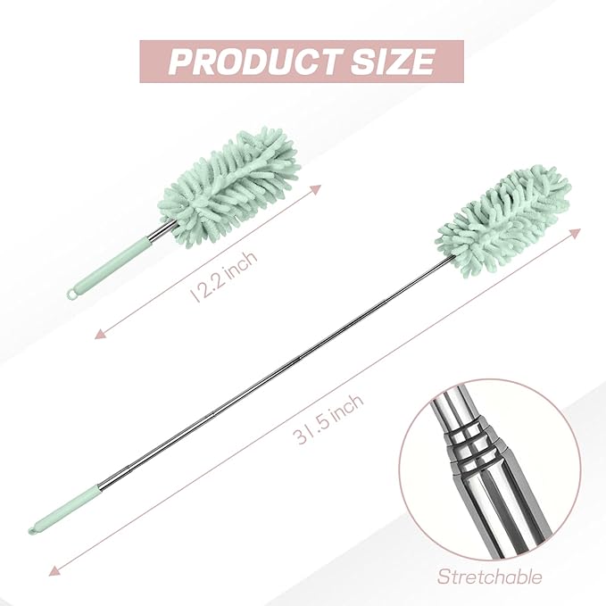2PCS Car Interior Duster with Extension Pole, Soft Chenille Microfiber Duster for Cleaning, Scratch Free & Lint-Free, Washable Cleaning Brushes for Vehicle Details, Home, Office (Green)