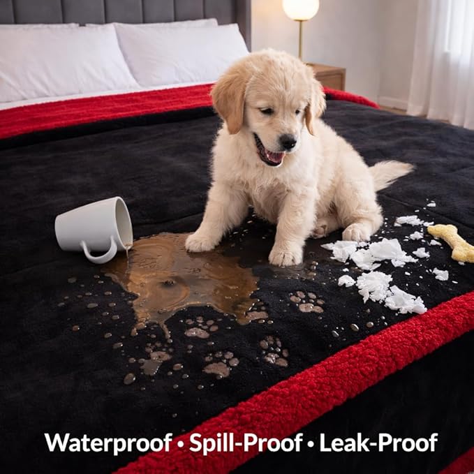Waterproof Throw Blanket - Sherpa Fleece Reversible Throw, Soft Warm Leak-Proof Bed & Couch Protector for Kids, Pets & Everyday Spills (Velvet Red/Obsidian Black, Throw 50x60