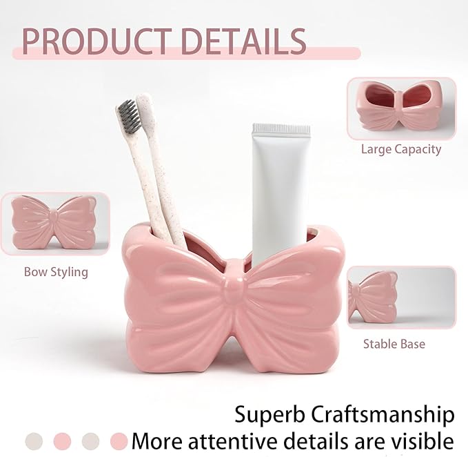 Bow Toothbrush Holder， 2-Slot Toothbrush and Toothpaste Holder Cute Toothbrush Holder Set, Bathroom Counter Organizer for Bathroom，Electric Toothbrushes, Floss, Razors - Pink