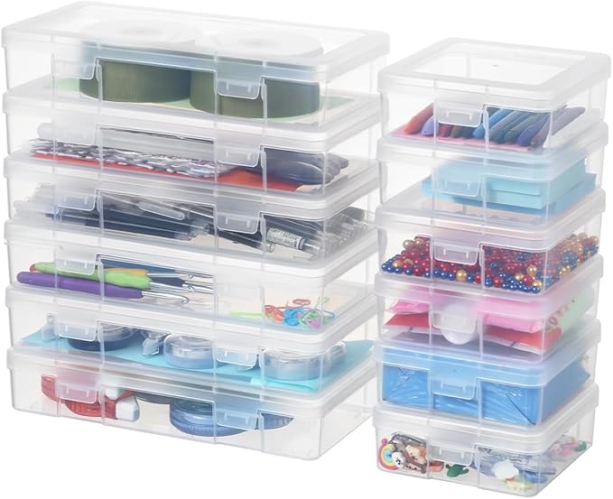 novelinks Plastic Clear Storage Containers for Organizing, Craft Storage Organizers and Stackable Storage Bins with Lids for Pencil Box, Bead, Cookie Cutter, Board Game (6 Pack Small + 6 Pack Medium)