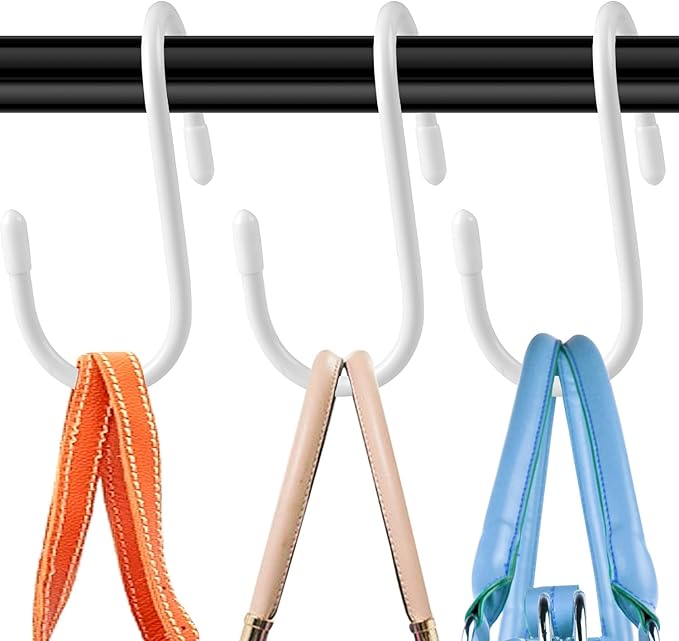 HiGift Purse Hanger for Closet, 8 Pack Unique Twist Design White Vinyl Coated Bag Hooks Organizer Hanging, Large Closet Hooks Purse Organizer Holder for Hanging Purse,Handbag,Belt,Hat,Backpack,Jeans