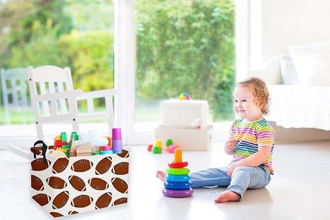 Rectangular Football Basket,Kids Baskets for Kids.Waterproof PE Coating Cute Bins with Handles.Boys Basket,Toys Box,Books Baskets,Gifts Box. (Rugby)