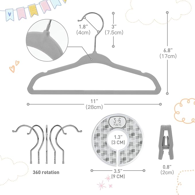 Velvet Baby Hangers with 10x Clips and 8X Dividers (30 Pack) | 11” Ultra-Slim Baby Clothes Hangers | Non-Slip Felt | Space-Saving Nursery & Infant Closet Organizer | Gray