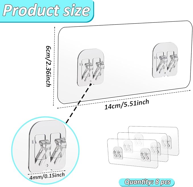 Cobee 8 Pcs Adhesive Replacement Hooks for Shower Caddy - Transparent Strong Wall Mount Hooks, No Drilling for Shelves Rack (8 Pcs Set)