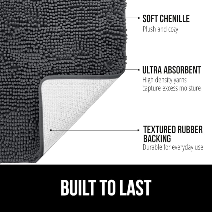 GORILLA GRIP Bath Rug Mat, Thick Soft Absorbent Chenille, Quick Dry Microfiber Mats, Rubber Backing Washable Shower Floor Rugs, US Designed Bathroom Bathmat Home Decor Accessories, 24x17, Charcoal