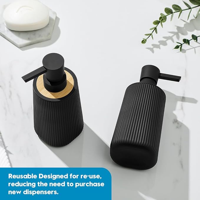 Small Soap Dispenser for Bathroom and Kitchen, Modern Farmhouse Striped Style Plastic Hand Soap Dish Soap Dispenser with Bamboo Decor Black