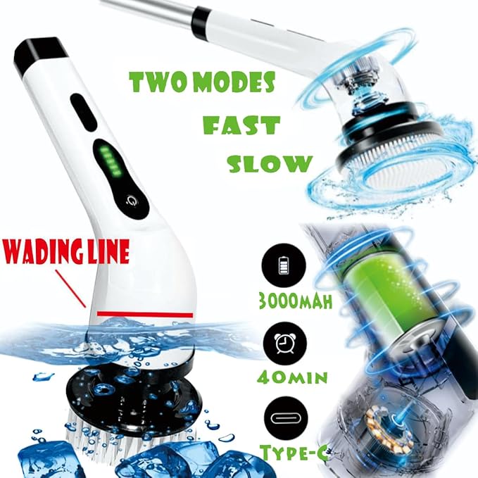 Electric Spin Scrubber,IPX7 Waterproof Cordless Power Cleaning Brush,Shower Cleaning Brush,2-Speed with 9 Replaceable Brush Heads, with Adjustable Extension Handle for Bathroom,Kitchen,Glass,Car