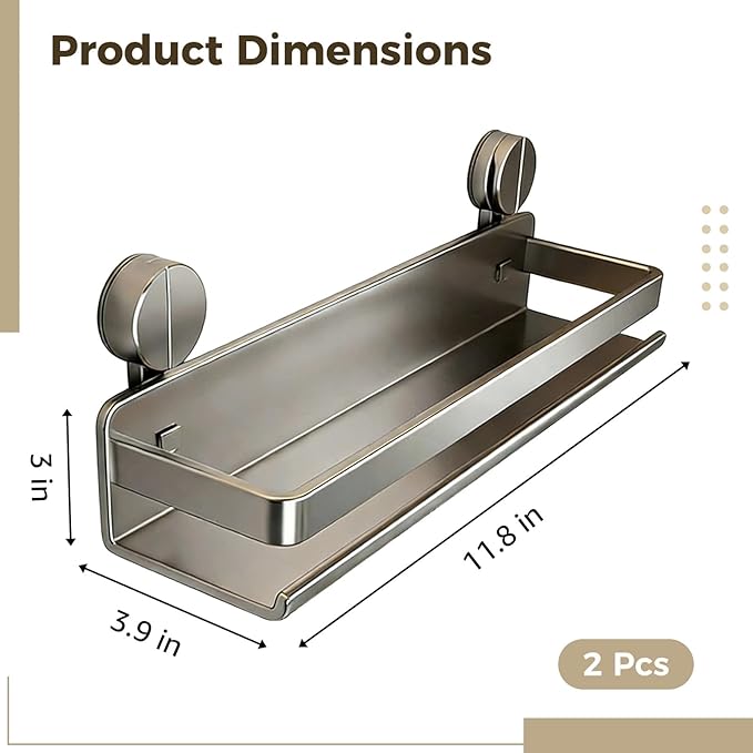 2 Pcs Spice Rack Wall Mounted Organizer, 11.8 in Suction Cups Spice Organizer, Metal Spice Shelf, Excellent Carbon Steel, Rustproof and Moisture-Proof, Grey