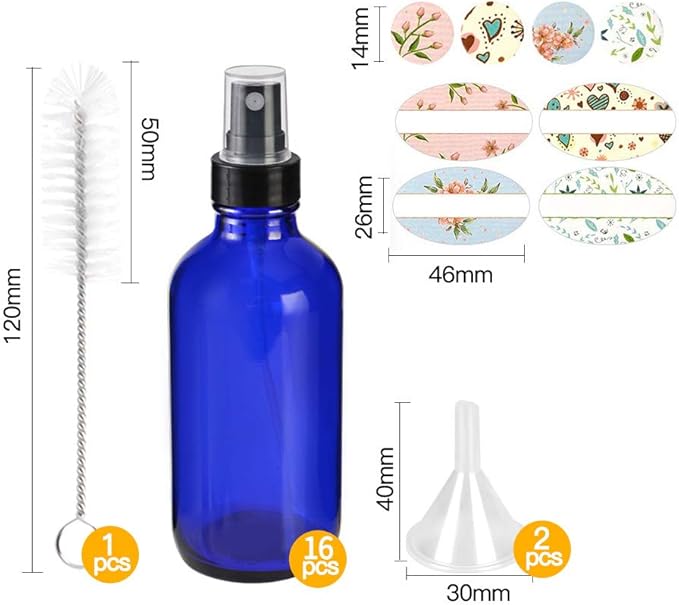 STARSIDE 16 Pack 120 ml 4oz Blue Glass Spray Bottles with Fine Mist Sprayer & Dust Cap for Essential Oils, Perfumes,Cleaning Products.Included 1 Brush,2 Funnels,2 Droppers & 18 Labels.