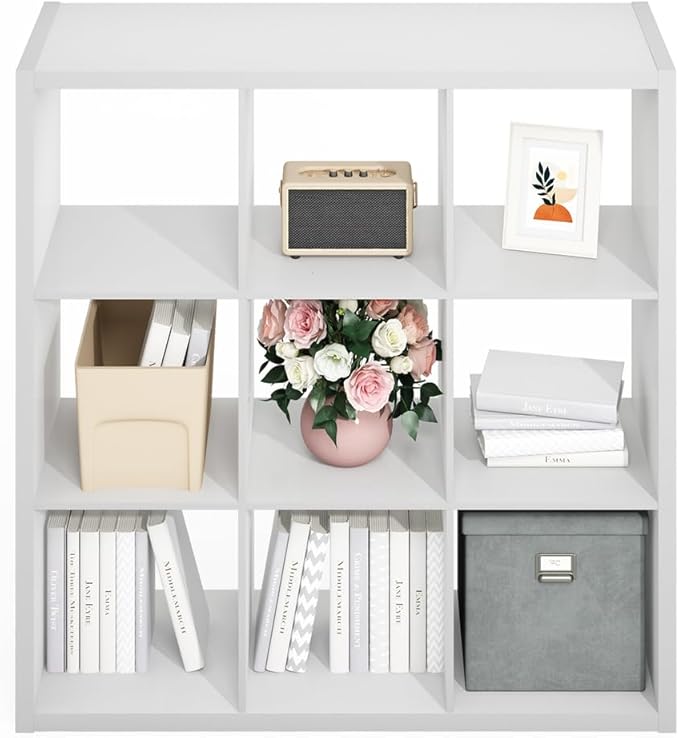 Furinno Simple Cube Storage Organizer, 9-Cube Display Shelf, Open Back Shelving Unit, Storage Shelves, Extra Thick Frame, for Organization and Storage, Living Room, Home Office, White