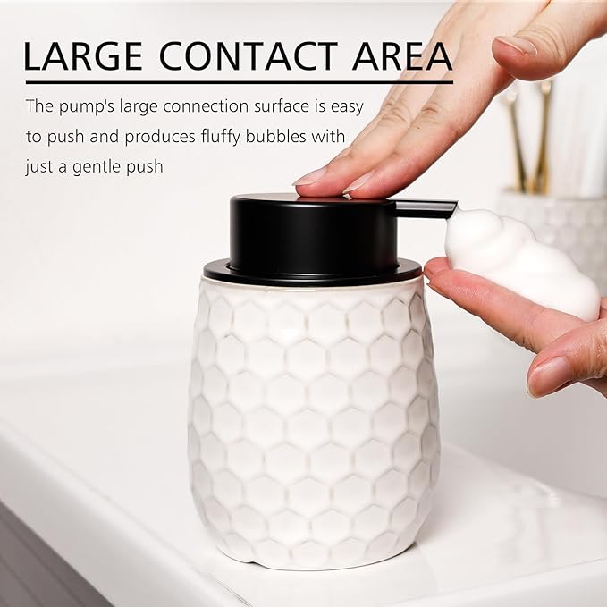 Foaming Soap Dispenser, 12OZ Ceramic Foam White Hand Soap Dispenser with Honeycomb Design for Kitchen or Bathroom, Refillable Dish Lotion Dispenser, ANTIS'S HOME
