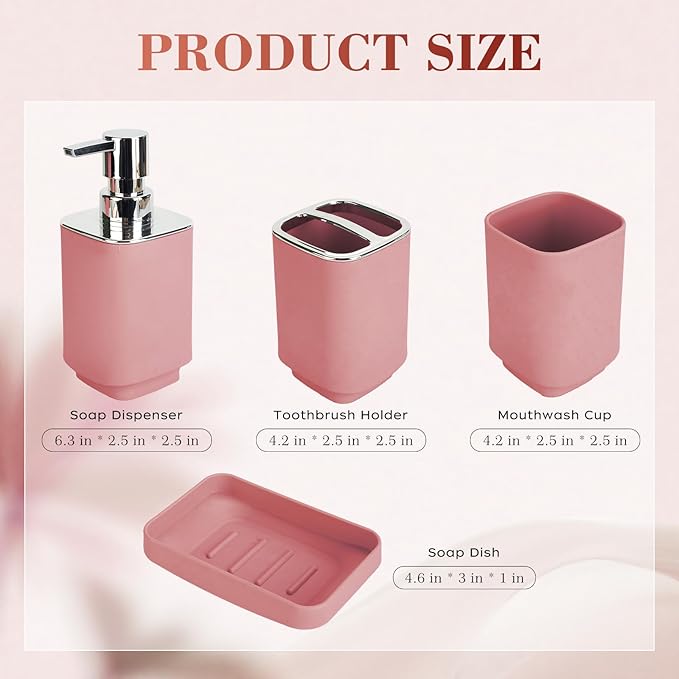 4Pack Bathroom Accessories Set, Bohemian Bathroom Sink Set, Contain Soap Dispenser, Toothbrush Holder, Soap Dish & Mouthwash Cup,Square soap and Toothbrush Holder Set