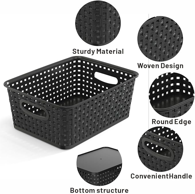 9-Pack Plastic Woven Storage Baskets Set - Black Organizer Bins for Shelves, Kitchen Pantry, Bathroom, Office | 10.1"L x 7.55"W x 4.1"H | Multi-Purpose Shelf Basket Organizers