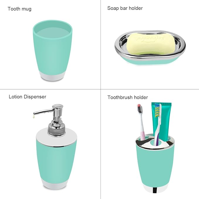 Bathroom Accessories Set, 6-Piece Plastic Gift Set, Toothbrush Holder, Toothbrush Cup, Soap Dispenser, Soap Dish, Toilet Brush Holder, Trash Can (Mint Green)
