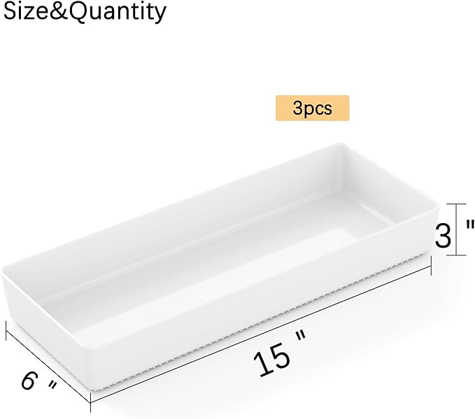 ihomecooker 3 Pack White Large Size Plastic Drawer Organizer Tray Cutlery Utensil Makeups Drawer Organizers 15" X 6"