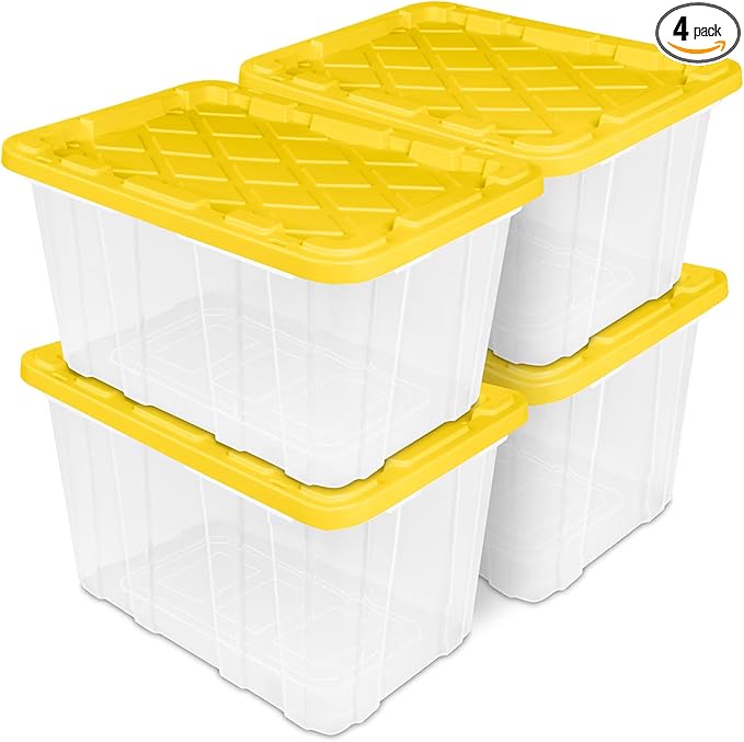 4-Pack 27 Gallon Clear Plastic Storage Bins, Reinforced Snap-Fit Lid, Heavy-Duty Industrial, Stackable, Tie-Down Ready, Dust-Resistant, for Closet, Office, Pantry, Basement & Home Organization
