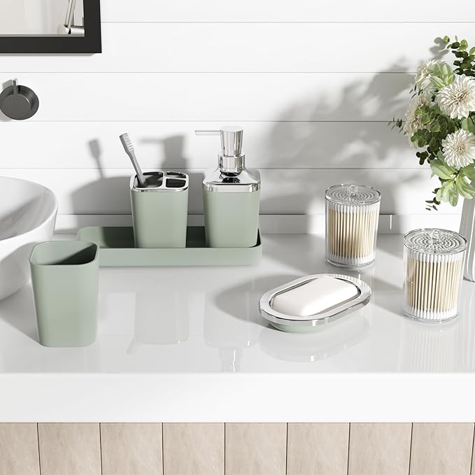 Bathroom Set, Sage Green Bathroom Accessories Set with Press-on Lid Bathroom Trash Can, Soap Dispenser, 10PC Bathroom Accessory Set for Home