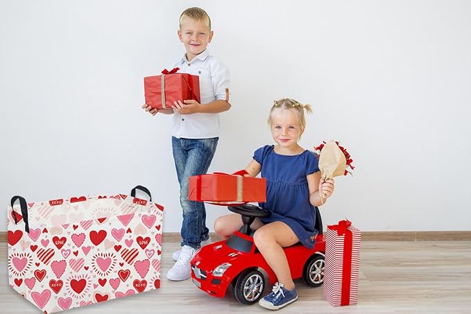 Sanjiaofeng Rectangular Valentine's Day Basket Love Storage Bins,Girls Storage Basket with Handles.Clothers,Books,Kid's Gifts Bins. (Pink Line Love)