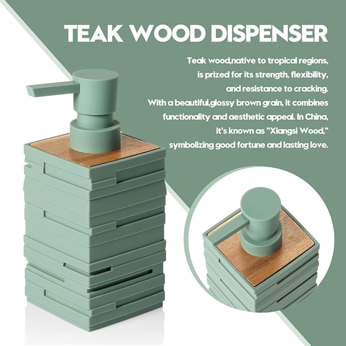 Matte Green Teak Wood Hand Soap Dispenser 10 oz Square for Bathroom and Kitchen Countertops
