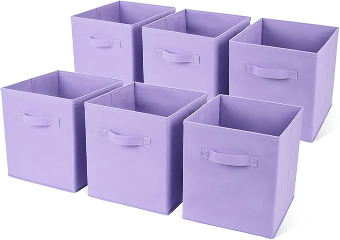 Fabric Storage Bins 6 Pack 11 inch Foldable Storage Cubes with Reinforced Handles Fun Colored Durable Cube Storage Bin for Home, Playroom, Closet Organizers and Storage, Purple