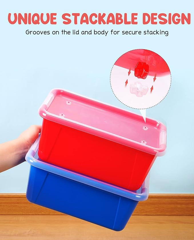 GAMENOTE 6 Quart Storage Bins with Lids-12 Pack Rainbow Plastic Latching Box for Classroom&Kids Toy Storage Opaque Stackable Shoe Box Size Containers for STEM Morning Tubs, Crafts & Building Blocks