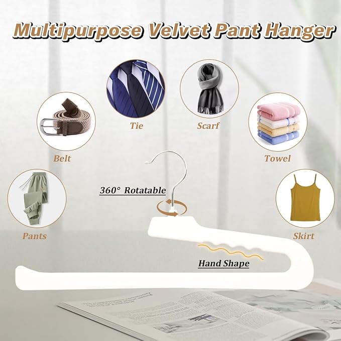 Velvet Pant Hangers Open End, 16 Pack Non Slip Non Crease Felt Slack/Jeans Trouser Hangers,Slim & Sleek Heavy Duty Space Saving Closet Hanger with 360° Swivel Hook (White)
