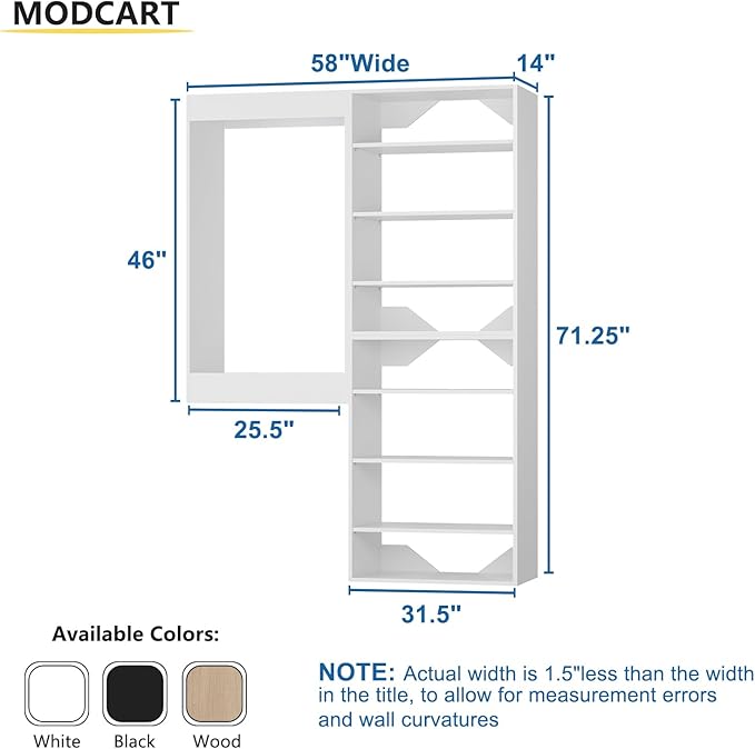 Modular closet Organizer, 58" Wide with Towers and Hanging, Wood Tower Storage for Walk-in Closets, Wall-Mounted Wardrobe Organizer Kit, Bedroom, White