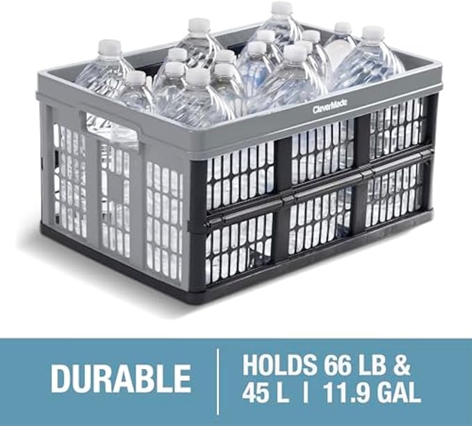 CleverMade Collapsible Utility Crates, - Ocean 3 Pack 45L / 11 Gal, Polypropylene (PP), Holds 66 lbs - Stackable Containers Heavy Duty Capacity Crates Space-Saving Baskets