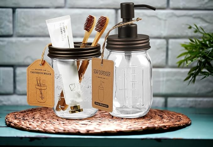 SheeChung Mason Jar Bathroom Accessories Set, 2Pcs Glass Bathroom Accessory Set, Soap Dispenser, Toothbrush Holder, Bathroom Decor, Rustic Farmhouse Decor - Bronze