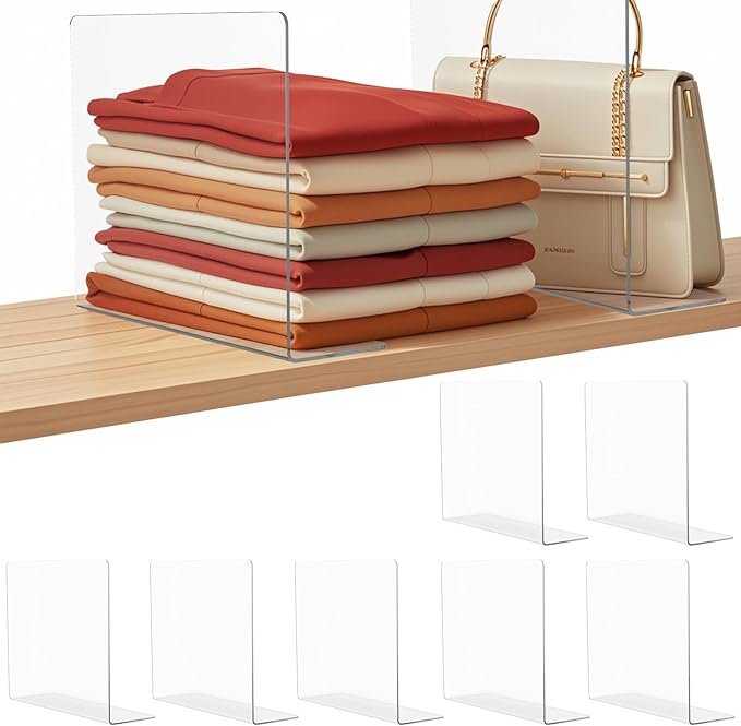 Lebouri Acrylic Shelf Dividers for Closet Organization: 10" Tall x 12" Deep Closet Shelf Divider for Clothes Sweater Purse - Clear Closet Organizers and Storage Separators for Shelves, 7Pack