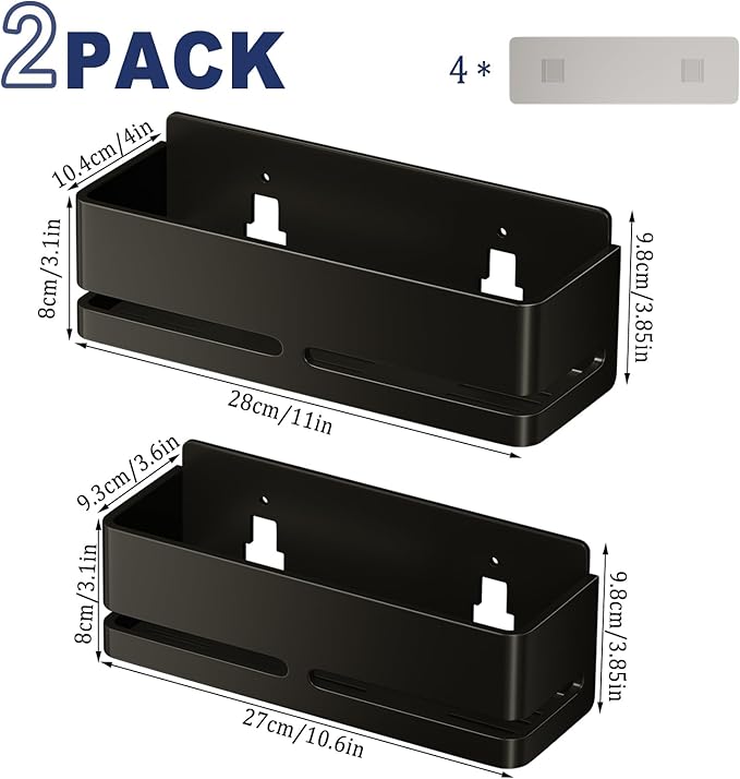 YESENT Shower Caddy, 2-Pack Shower Shelf, Heavy-Duty Bathroom Storage Shelf, Large Capacity No-Drill Bathroom Organizer, Black Metal Storage Basket, Adhesive Installation