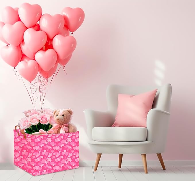 CLOCOR Rectangular Pink Valentine's Day Basket Empty, Heart Print Gift Basket for Valentines, Waterproof Storage Container with Handles,(Highlight Heart)