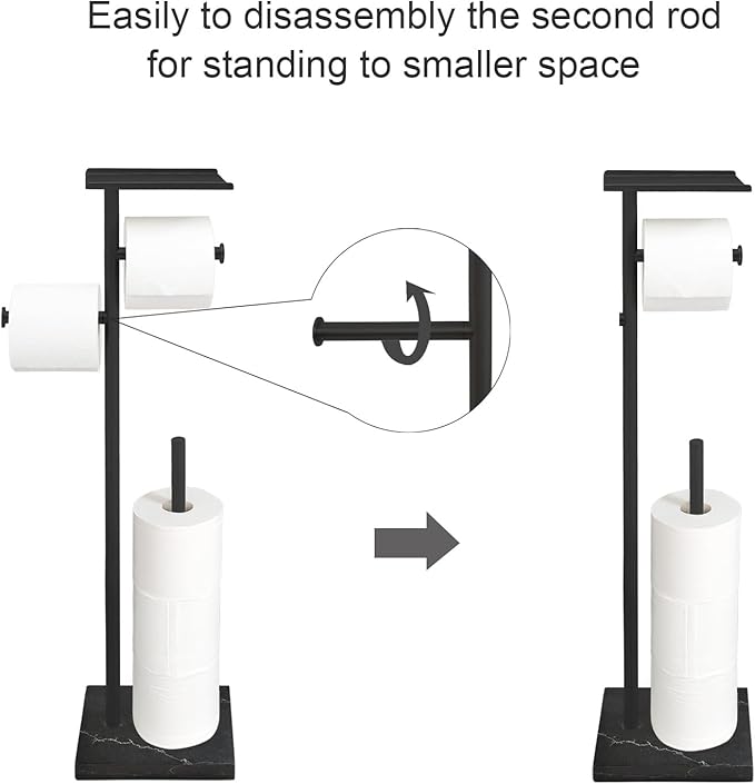 GZILA Toilet Paper Holder Stand with Shelf, Marble Base Free Standing Toilet Paper Double Roll Holder Dispenser, SUS 304 Stainless Steel Storages 5 Reserve Rolls Matte Black
