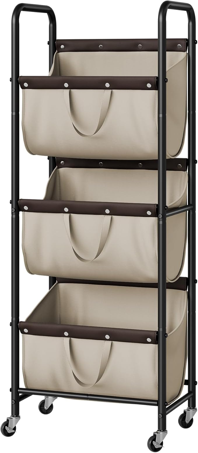 GRANNY SAYS 3 Tie Laundry Sorter, Laundry Basket with Wheels, Laundry Room Organization and Storage, 3 Section Rolling Laundry Cart for Dorm, Bathroom, Bedroom, Closet, Light Khaki