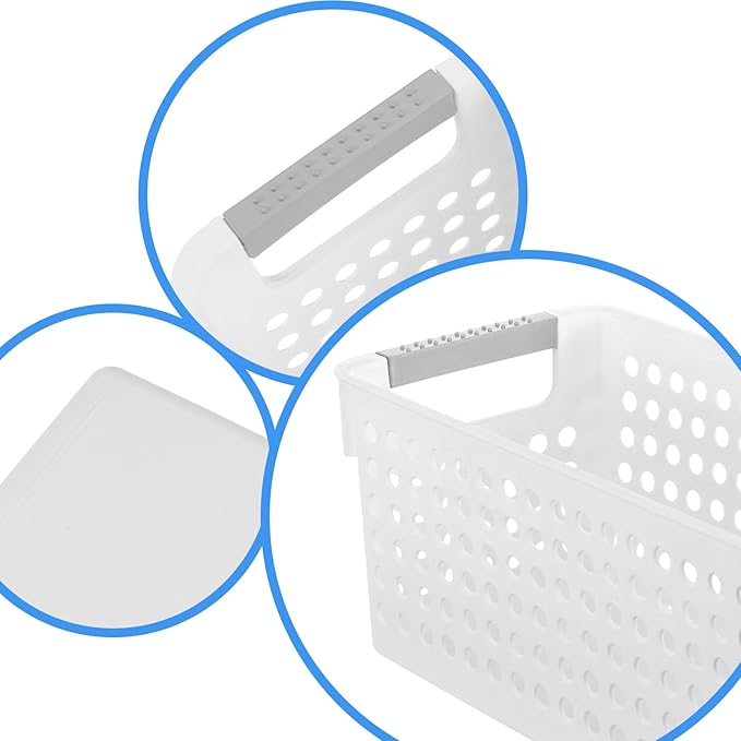 4 Pack Slim Plastic Storage Baskets with Handles,White Rectangular Small Plastic Baskets,Narrow Storage Bins for Organizing, Kitchen,Home,Office