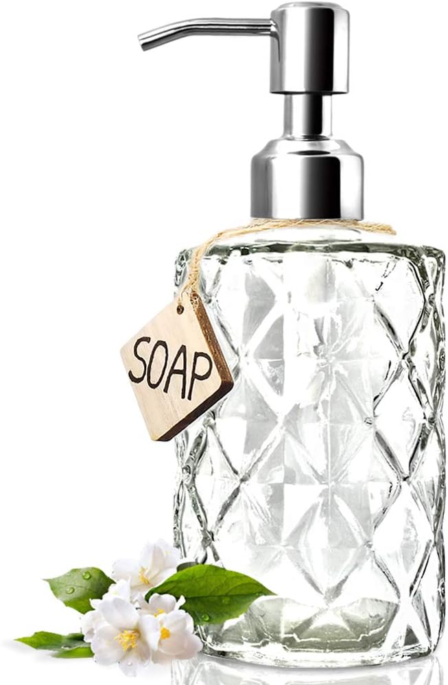 JASAI Diamond Design 12 Oz Glass Soap Dispenser, Kitchen soap Dispenser with 304 Rust Proof Stainless Steel Pump, Bathroom Soap Dispenser for Hand Soap, Soap, Lotion(Clear).