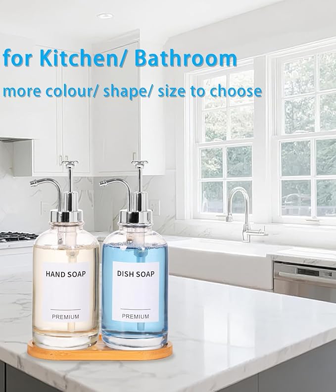 Dish Soap Dispenser for Kitchen, Hand Glass Soap Dispenser Set with Pump, Tray, Funnel for Bathroom, Shower, Laundry, Liquid, Lotion (Silver 2 Pack 18 Oz Clear Bottles with 12 Stickers)