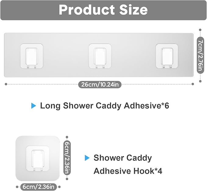 Lsnisni 10 Pack Shower Caddy Adhesive Replacement, Waterproof Shower Shelf Adhesive Strips, Strong Adhesive Flat Hooks for Bathroom Storage Shelves and Kitchen Racks No Drilling, Clear