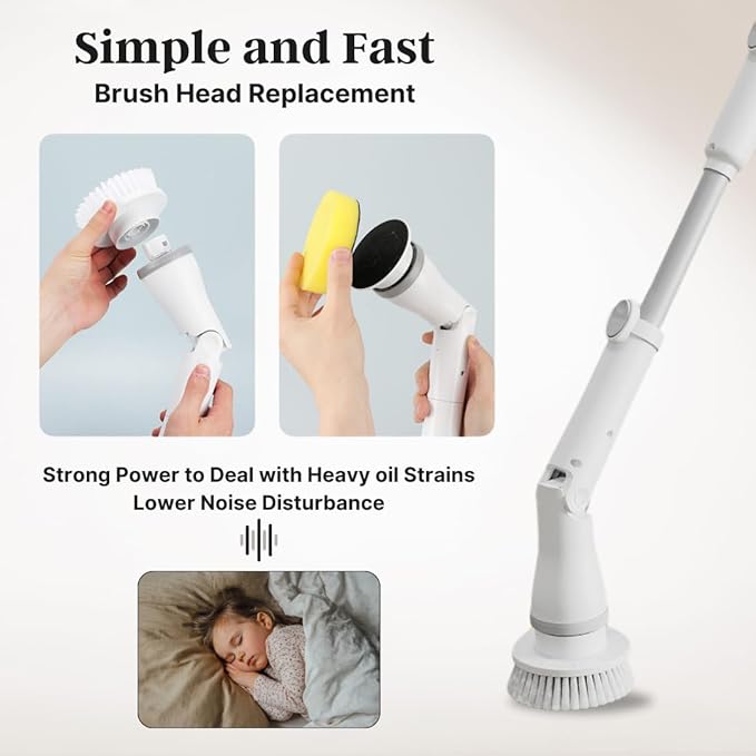 Electric Spin Scrubber Cordless – High-Power Bathroom & Shower Cleaner with Long Handle, 8 Replaceable Heads, Dual Speed (350/420 RPM), 200-Minute Battery Life for Tile, Floor, and Grout Cleaning