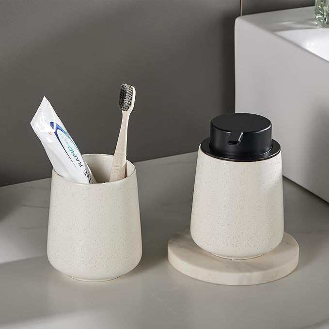 12Oz Beige Soap Dispenser Set - Ceramic Speckled Lotion Hand Soap Dispenser Set with Easy-to-Press Black Pump, Refillable Mordern Liquid Dish Soap Dispensers for Bathroom & Kitchen, 2 Pack