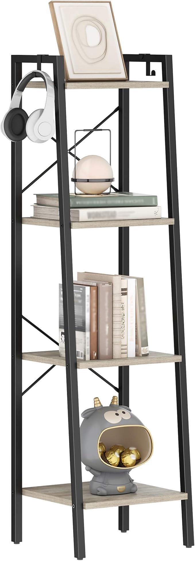 Ladder Shelf, Bookshelf Bookcase, Freestanding Corner Storage Shelve with 2 Hooks for Home Office, Living Room, Kitchen, Bedroom, Industrial, 11.8" D x 13.4" W x 47.2" H, Greige BC13205B