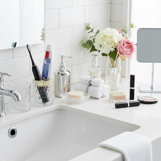 2pcs Clear Glass Toothbrush Holder, Bathroom Tumbler Cups and Toothpaste Holder Set, Tooth Brush Cup Organizer with Gold Divider, Bathroom Toothbrush Cup for Countertop Decor