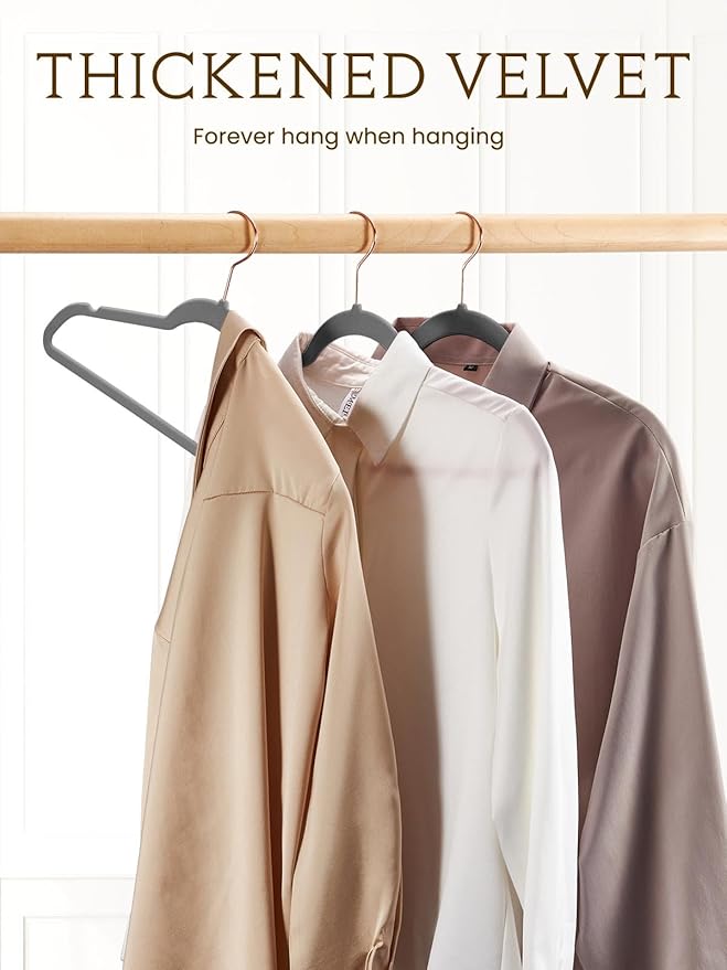 Smartor Grey Velvet Hangers 50 Pack, Non Slip Clothes Felt Hanger Heavy Duty for Coat, 360° Rotating Rose Glod Hook, Premium Slim Space Saving Hangers for Closet Organizer and Storage