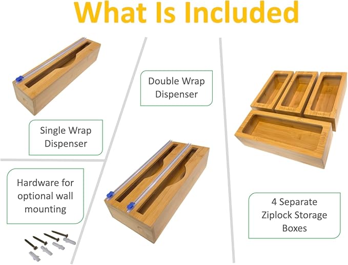 Incredinest Bamboo Drawer Organizer Bag Holder – Modular Design Zip Lock Bag Organizer Plastic Wrap Dispenser with Cutter – Baggie Organizer for Drawer with Single and Double Wrap Dispenser