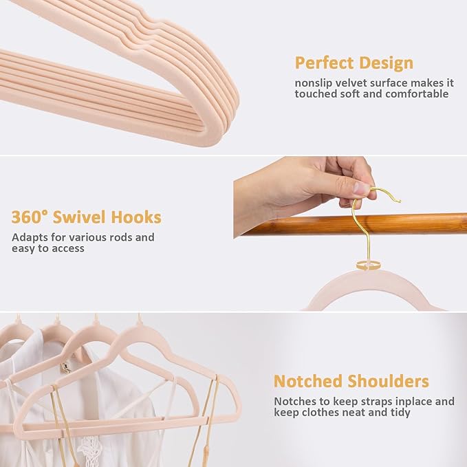 Velvet Hangers 60 Pack Heavy Duty - Slim, Non-Slip, Space Saving Hangers with 360° Swivel Gold Hook for Suit, Pants, Coats, Shirts & More - Pink